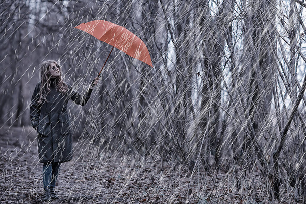 seasonal autumn portrait, sad girl with umbrella, november seasonal virus immunity on a walk - Zdjęcie, obraz
