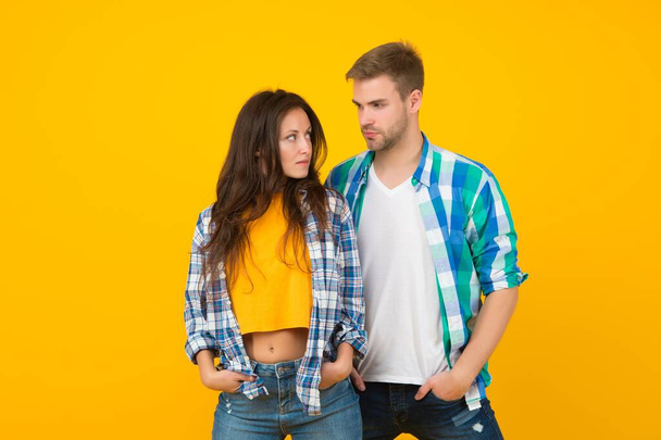 Fashion look of romantic couple in love yellow background, relationship - Foto, immagini