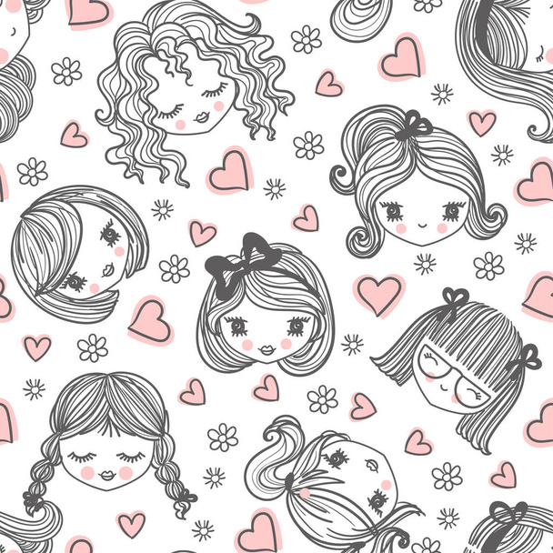 Seamless pattern, faces of girls on a white background. Doodle style. Vector - Vektor, kép
