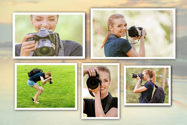 写真のコラージュ若い女性はプロのカメラで撮影されています. - 写真・画像