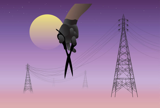 Scissors cut off the electric cable at night - Vector, Image