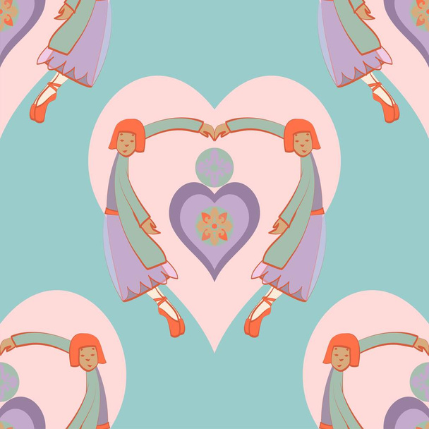 Wektorowy bezszwowy wzór tancerzy baletowych wokół różowych serc na jasnoniebieskim tle Baletnice noszą liliowy i zielony tutus. Idealny do projektowania powierzchni lub nadruku tekstylnego - Wektor, obraz