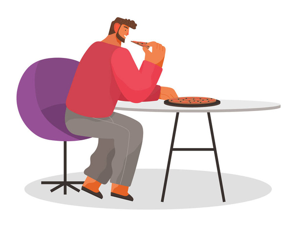 Young bearded man sitting on modern chair at a table eating pizza in a cafe on white background - Vector, imagen