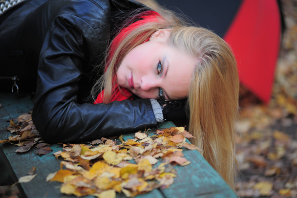 Young beautiful girl in autumn background - Фото, изображение