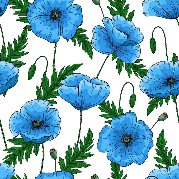 Αναίμακτο μοτίβο με μπλε λουλούδια παπαρούνας. Παπά. Πράσινα κλαδιά και φύλλα. Χειροποίητη διανυσματική απεικόνιση. Απομονωμένα σε λευκό φόντο. - Διάνυσμα, εικόνα