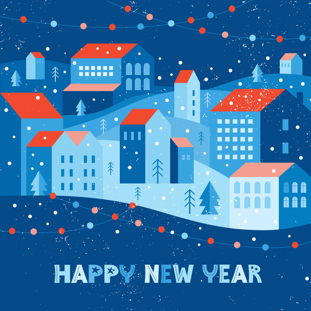 Festive snow city in winter decorated with garlands. Urban landscape in a geometric minimal flat style. Houses on a hill among snowdrifts. Happy new year banner or card. Holiday greeting card text - Vektor, kép