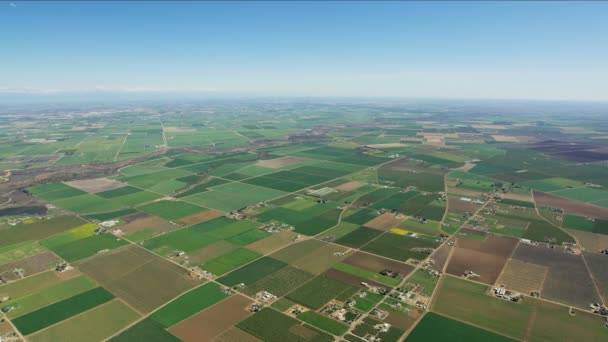 Luchtfoto van schilderachtige lappendekteeltvelden Central Valley - Video