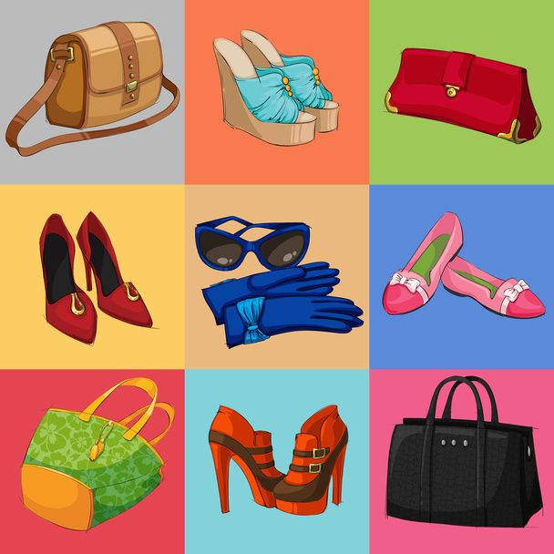 γυναίκες τσάντες, παπούτσια και αξεσουάρ συλλογή - Διάνυσμα, εικόνα