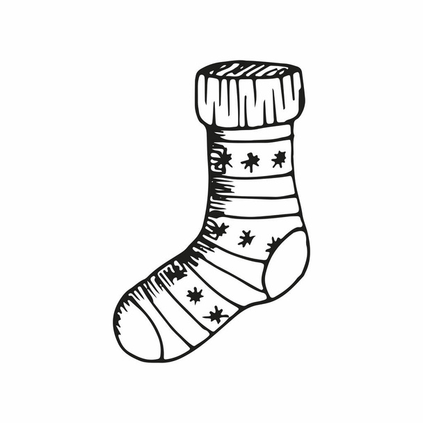 Πλεκτές ζεστές χειμωνιάτικες κάλτσες με χειροποίητο στολίδι από νιφάδες χιονιού. Διάνυσμα ζωγραφισμένα στο χέρι εικόνα σε στυλ σκίτσο doodle απομονώνονται σε λευκό. Καλά Χριστούγεννα για δώρο, ευτυχισμένο το νέο έτος, ρούχα για κρύο καιρό - Διάνυσμα, εικόνα