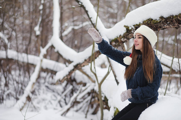 Egy fiatal lány a téli parkban sétálni. Karácsonyi ünnepek a téli erdőben. A lány élvezi a telet a parkban - Fotó, kép