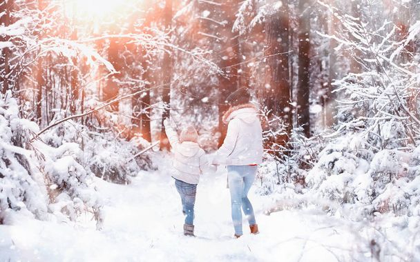 Νεαρή οικογένεια για μια βόλτα. Η μαμά και η κόρη περπατούν σε ένα χιονισμένο πάρκο.. - Φωτογραφία, εικόνα