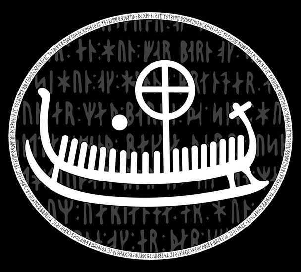 Ancienne pierre runique avec motif scandinave gravé, drakkar - Vecteur, image