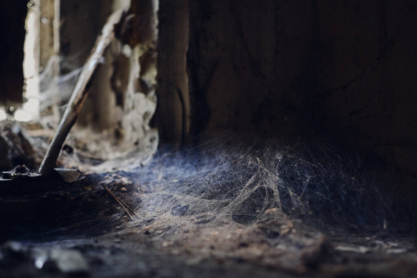 A closeup of a pile of dust with spider web in the corner of an abandoned creepy room - Foto, immagini