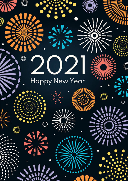 wektorowe ilustracja kolorowe fajerwerki i tekst 2021 Szczęśliwego Nowego Roku na ciemnoniebieskim tle. Koncepcja wakacyjnej kartki okolicznościowej - Wektor, obraz