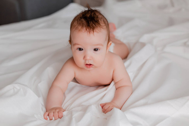 Niedliches Baby liegt auf weißen Laken auf dem Bett - Foto, Bild