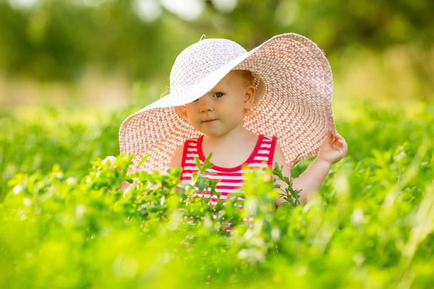 toddler girl in big straw hat standing in greenery - Фото, зображення