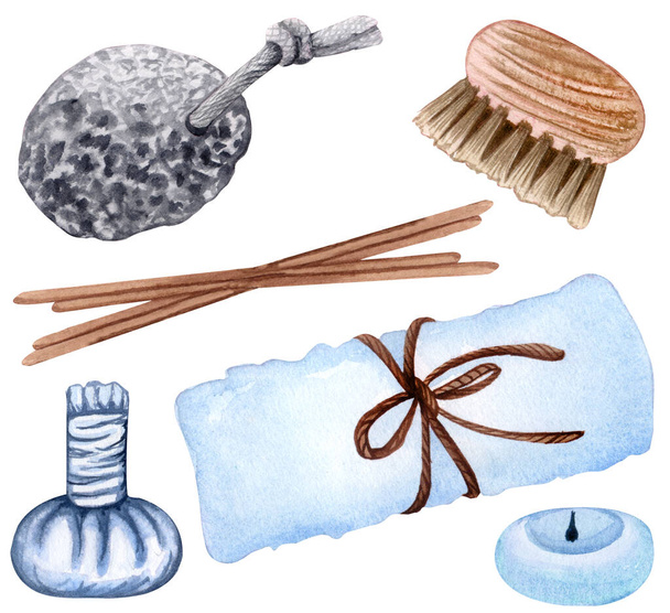 Set di oggetti spa, pietre naturali, sale da bagno, sapone, candele, goccioline d'acqua. illustrazione acquerello - Foto, immagini