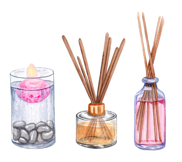 Set van spa-objecten, natuurstenen, badzout, zeep, kaarsen, waterdruppels. aquarelillustratie - Foto, afbeelding