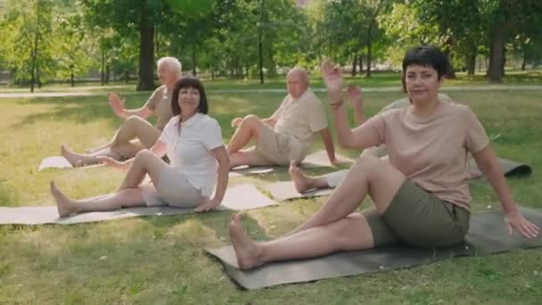Wide shot of five people sitting on mats on lawn in park and practicing yoga - Video