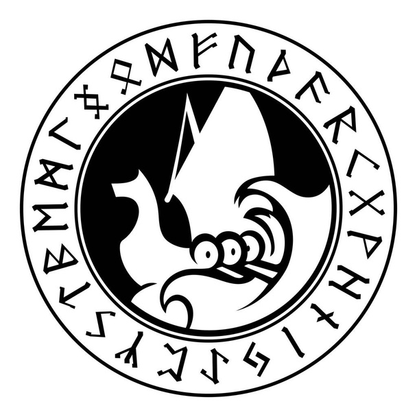 Ein altes skandinavisches Bild eines Wikingerschiffs schmückte nordische Runen. Drakkar-Logo - Vektor, Bild