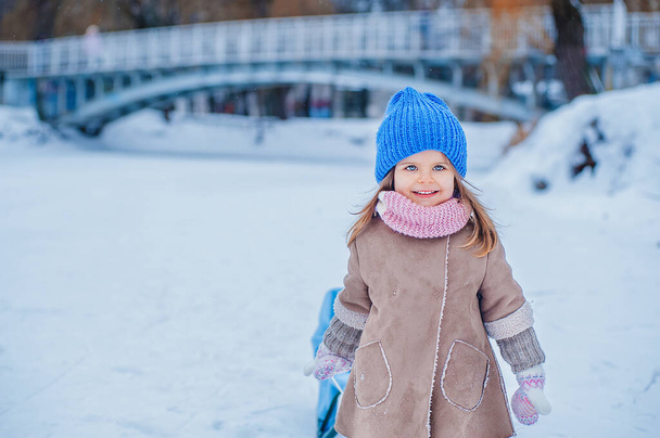 Portrait of a little girl with a sleigh on a background of snow in the park - 写真・画像