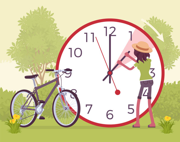 Mujer cambiando el reloj para el horario de verano - Vector, imagen