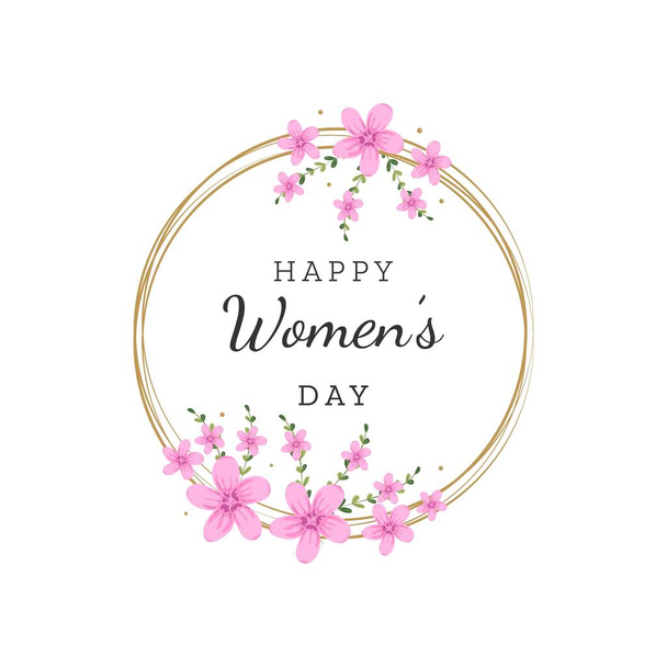 March 8 is international happy women's day. Greeting card with modern wreath and cute pink flowers. Vector illustration on white background - Vetor, Imagem