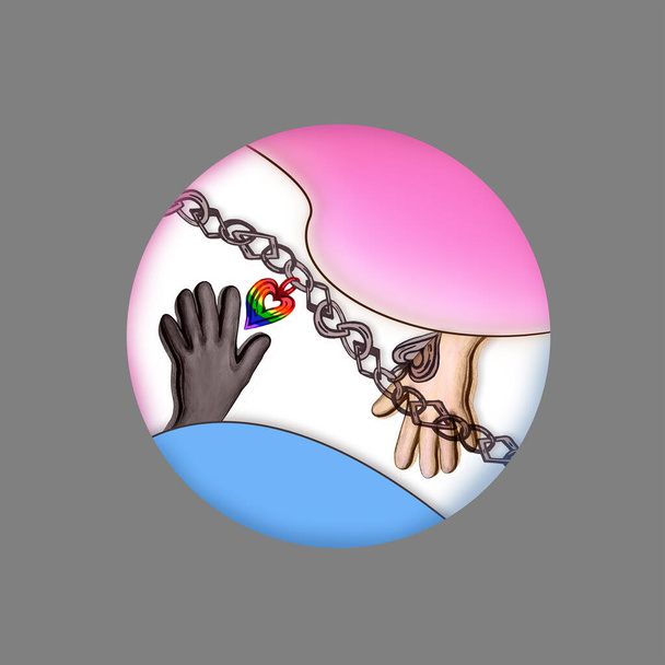 El amor no tiene género. Concepto del mes del orgullo LGBT. Símbolo de amor símbolo de mano con signo de corazón de color arco iris aislado sobre fondo gris. Manos y corazón humano blanco y negro en los colores de la bandera LGBT. - Foto, imagen
