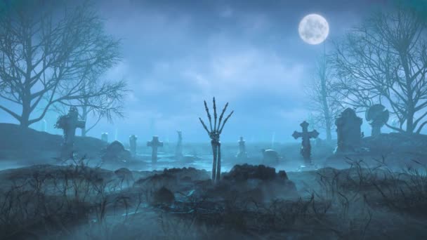 Le bras du squelette sort du sol la nuit sur le fond de la lune dans le cimetière - Séquence, vidéo