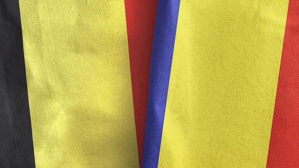 Romania and Belgium two flags textile cloth 3D rendering - Foto, imagen