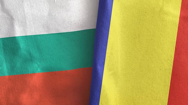 Roemenië en Bulgarije twee vlaggen textiel doek 3D rendering - Foto, afbeelding