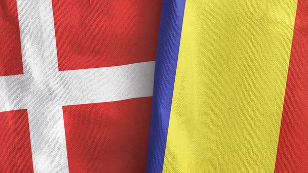 Romania and Denmark two flags textile cloth 3D rendering - Foto, imagen