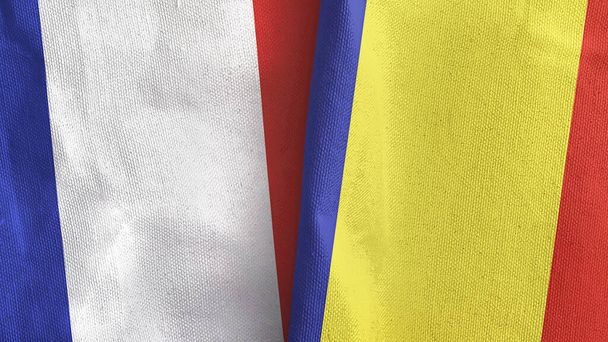 Romênia e França duas bandeiras de pano têxtil 3D renderização - Foto, Imagem