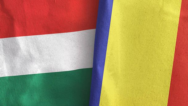 Rumunia i Węgry dwie flagi tkaniny tekstylne 3D rendering - Zdjęcie, obraz