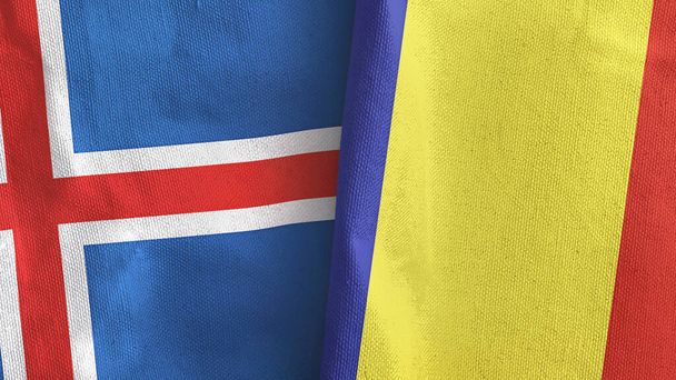 Roménia e Islândia duas bandeiras de pano têxtil 3D renderização - Foto, Imagem