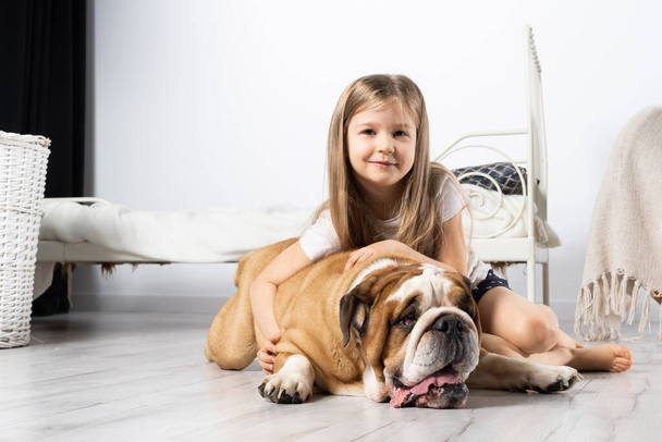 A young girl in a bedroom, sitting on the floor with her dog and stroking him. Child and dog. The English Bulldog is a purebred dog with a pedigree. - Photo, image