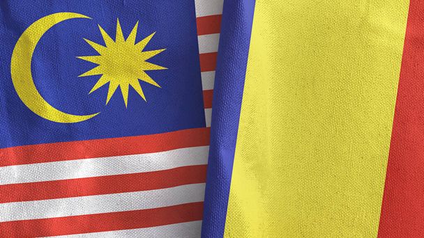 Roemenië en Maleisië twee vlaggen textiel doek 3D rendering - Foto, afbeelding