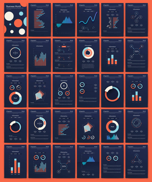 Modern infographic vector elements for business brochures. Use in website, corporate brochure, advertising and marketing. Pie charts, line graphs, bar graphs and timelines. - Vektör, Görsel