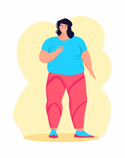 若い肥満女性が運動をしている。お腹の脂肪を取り除くために汗をかいている女の子。肥満. - ベクター画像