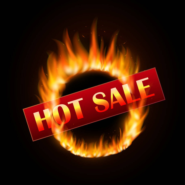 Fiery sale design template with burning ring on black backgroud. Hot sale design with fire - Vektör, Görsel