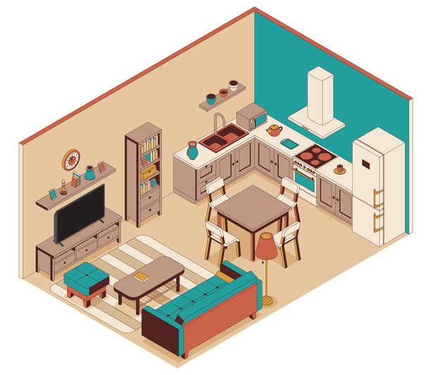 アイソメトリックスタイルでキッチン付きのリビングルーム。ソファ、家具、テレビ - ベクター画像