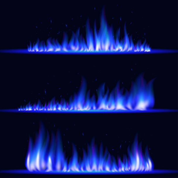 Burning realistic blue fire flames. Glowing particles. Light effect, campfire. - Vector, afbeelding