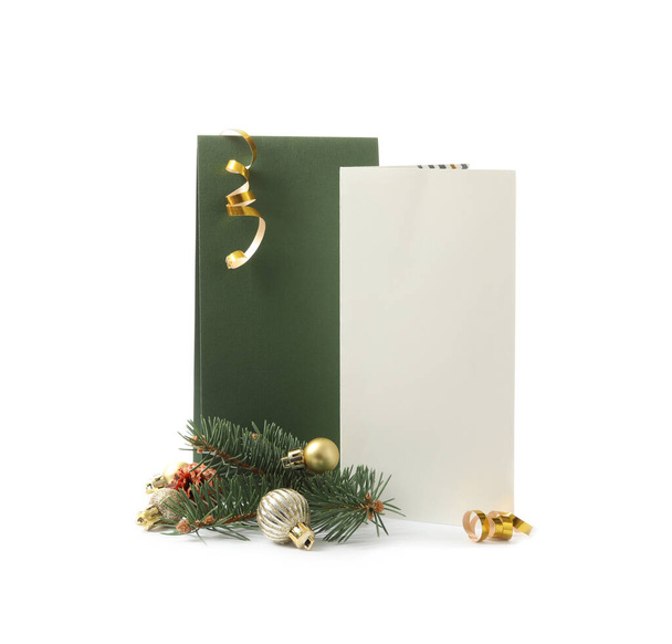 Blank greeting cards and Christmas decor on white background, space for text - Photo, Image