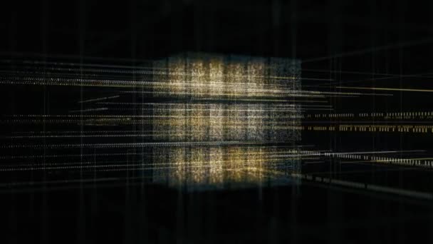 The Concept of visualization of artificial Intelligence. Animation. Abstract shimmering 3D digital cube formed by smaller cubes surrounded by golden volumetric digital wire frame. - Footage, Video