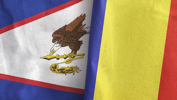 Rumunsko a americká Samoa dvě vlajky textilní tkaniny 3D vykreslování - Fotografie, Obrázek