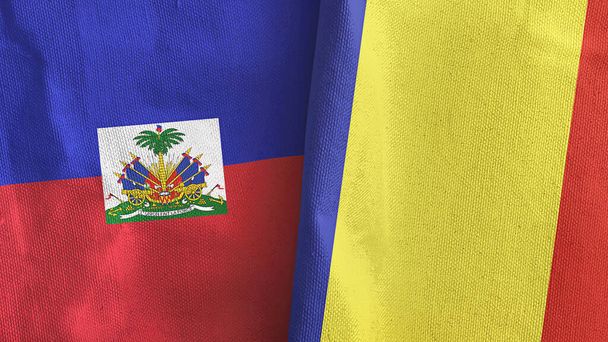 Romania and Haiti two flags textile cloth 3D rendering - Foto, imagen