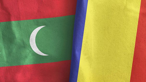 Romania ja Malediivit kaksi lippua tekstiilikangas 3D renderöinti - Valokuva, kuva