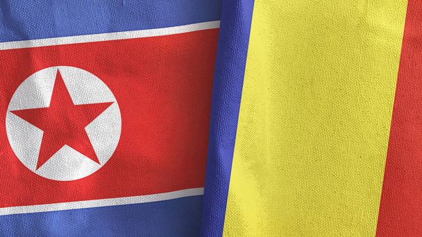 Rumunsko a Severní Korea dvě vlajky textilní látky 3D vykreslování - Fotografie, Obrázek
