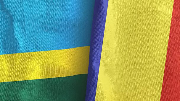 Romania and Rwanda two flags textile cloth 3D rendering - Foto, imagen