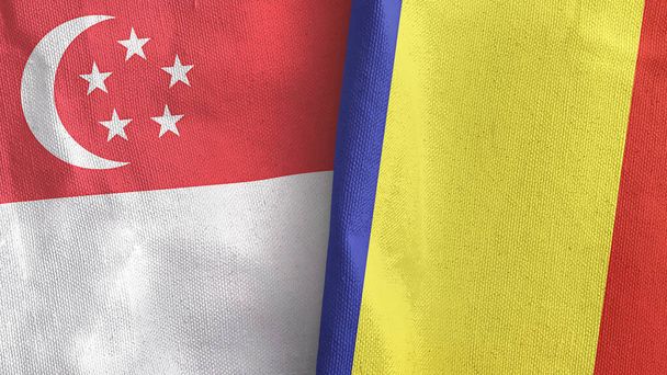 Romania and Singapore two flags textile cloth 3D rendering - Photo, Image